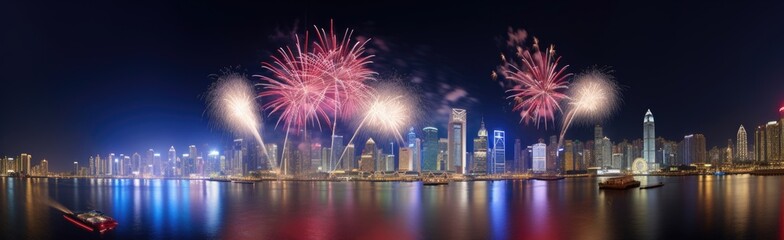Celebration new year. night city in fireworks fire. Skyline with fireworks light up sky. Beautiful night view cityscape. Holidays, celebrating New Year and holiday