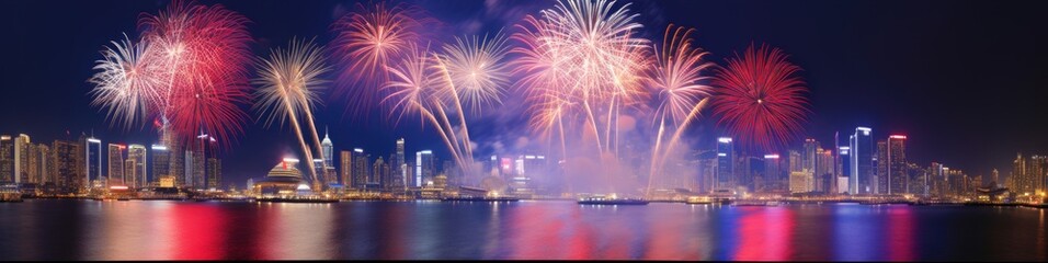 Celebration new year. night city in fireworks fire. Skyline with fireworks light up sky. Beautiful night view cityscape. Holidays, celebrating New Year and holiday