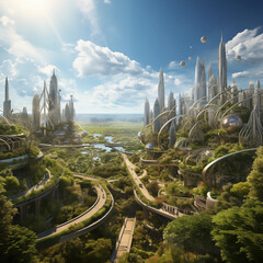 A visionary eco-friendly cityscape blending advanced urban structures with abundant greenery