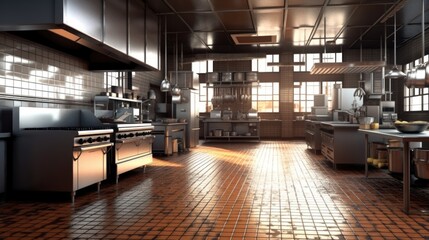 Modern Professional Commercial Kitchen with Equipment.