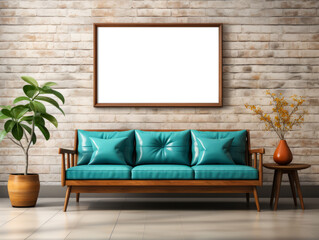 Contemporary living room with vibrant teal sofa against brick wall. Urban design concept. Generative AI