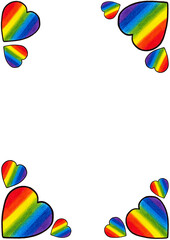 Frame of hearts placed in the corners. The hearts are filled with rainbow colors in vertical stripes. They have a black outline. Elements of different sizes. White background and place for text. LGBT.