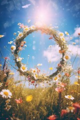 Close-up of spring summer flower wreath on a green meadow. Pagan tradition and holiday of Midsummer solstice - obrazy, fototapety, plakaty