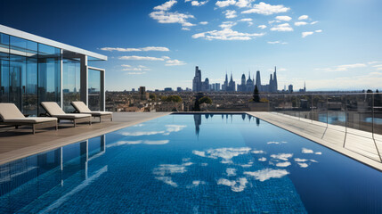 Fototapeta na wymiar Modern infinity pool on a high-rise building against a city backdrop. Luxury living concept. Generative AI
