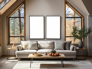 Modern living room with double poster mockup, autumn view, and nature-inspired decor. Contemporary design. Generative AI