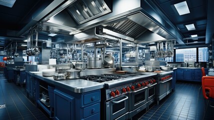 Modern Professional Commercial Kitchen with Equipment. - obrazy, fototapety, plakaty