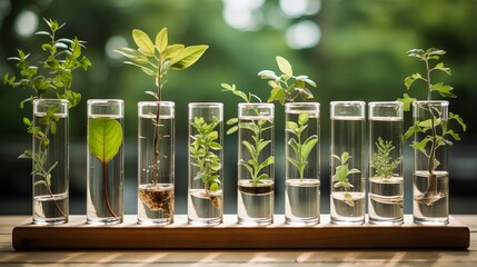 botanical laboratory exploration: small plants thriving in test tubes, greenery in scientific vessels