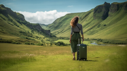 Naklejka na ściany i meble Traveler with suitcase on grassy path in green valley. Generative AI