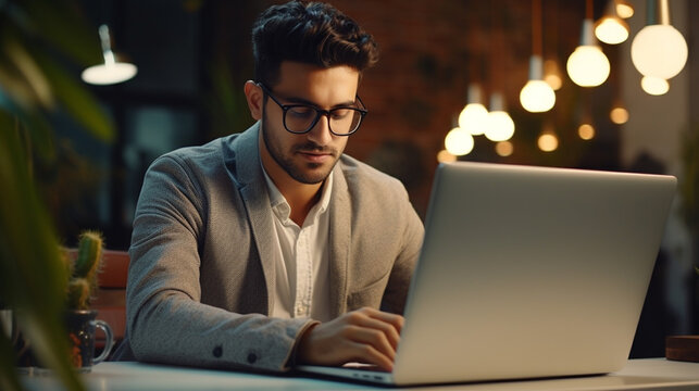 Briefly fell asleep or microsleep while working on the laptop, eyes closed, eyes closed, adult man looking at a large screen in a dark cafe in the evening or at night, overtime and having to work late