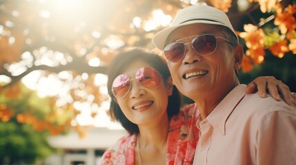Portrait Japanese Mature couple handsome and beauty outdoor travel - obrazy, fototapety, plakaty