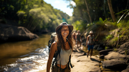 smiling woman in hat with backpack walks by river, outdoor joy, fictional location - obrazy, fototapety, plakaty