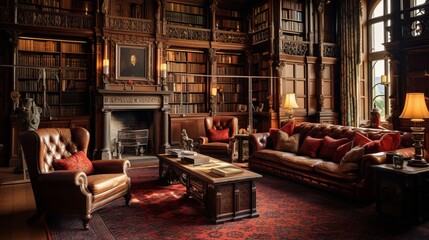 British traditional Library Room in a Manor. Wood and Chesterfield. AI Generative - obrazy, fototapety, plakaty