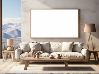 Minimalist living room with large poster mockup and panoramic mountain view. Serene winter atmosphere. Generative AI