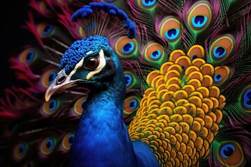Majestic peacock displaying colorful feathers. Natural beauty in full splendor.