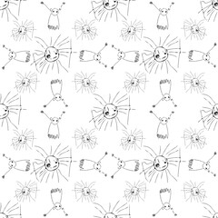 Seamless pattern with funny suns and dancing ghosts. Hand drawn vector illustration.