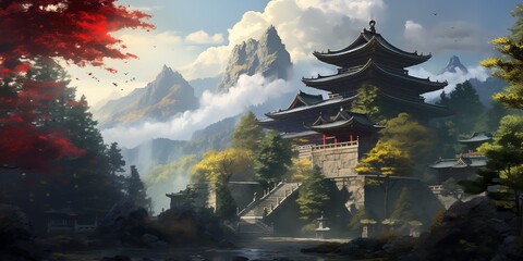 Ethereal Harmony Ancient Temple Tranquility in Japanese Mountains - Fantasy - obrazy, fototapety, plakaty