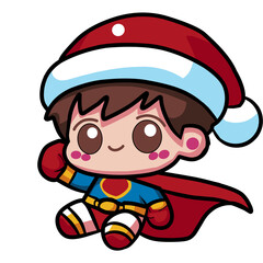 illustration of a cheerful cartoon boy in a festive superhero outfit. He is wearing a red Santa hat with a white pom pom and a white trim. His outfit is red and blue with a yellow belt and red shoes. 