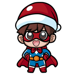 Illustration of a cheerful cartoon boy in a festive superhero outfit. He is wearing a red Santa hat with a white pom pom and a white trim. His outfit is red and blue with a yellow belt and red shoes