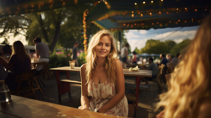 smiling blonde at restaurant table, joyful dining, good warm summer weather, fictional location