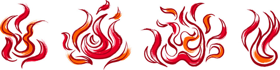 筆で描いた炎のイラストセット　カラー