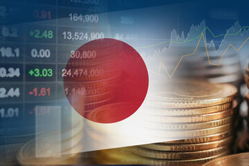Japan flag with stock market finance, economy trend graph digital technology.