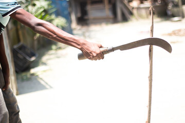 A man is holding a woodcutter with his hand and blurred background