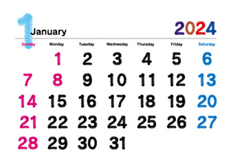 刺繍文字風の2024年1月のカレンダー 日曜始まり
