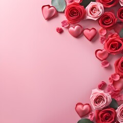 valentine's Day banner with rose flowers and hearts on pink background