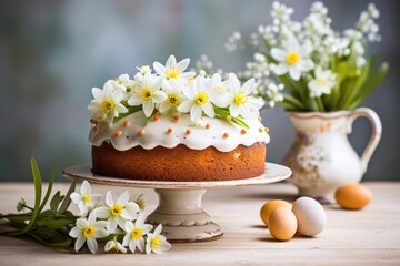 Fototapeta na wymiar Sugar glazed Easter bread cake decorated with spring flowers on morning table with easter eggs.