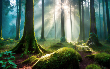 Romantic forest with moss in backlight