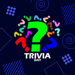 National Trivia Day event banner. Several colorful question mark symbols with bold text and elements on dark blue background to celebrate on January 4
