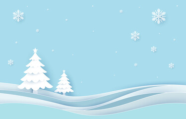 Christmas background, mountain winter landscape winter christmas in paper cut style, vector illustration