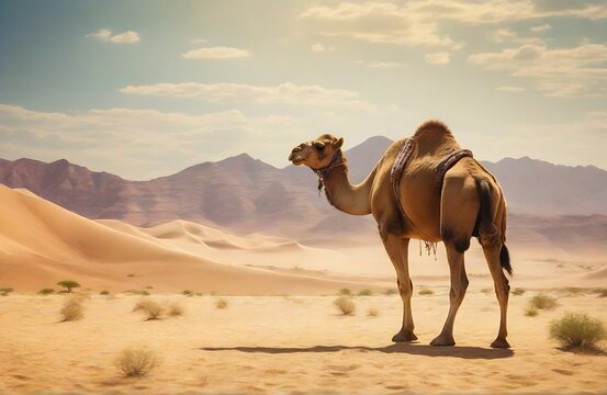 Camel in the desert. Created with Generative Ai technology.