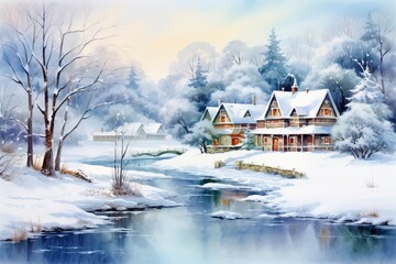 Winter village watercolor painting illustration made by generative ai