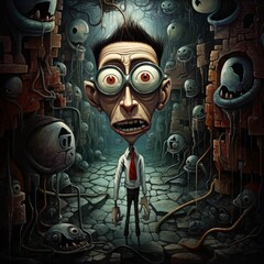 AI generated illustration of a cartoon male character wearing a shirt and tie in a scary alley - obrazy, fototapety, plakaty