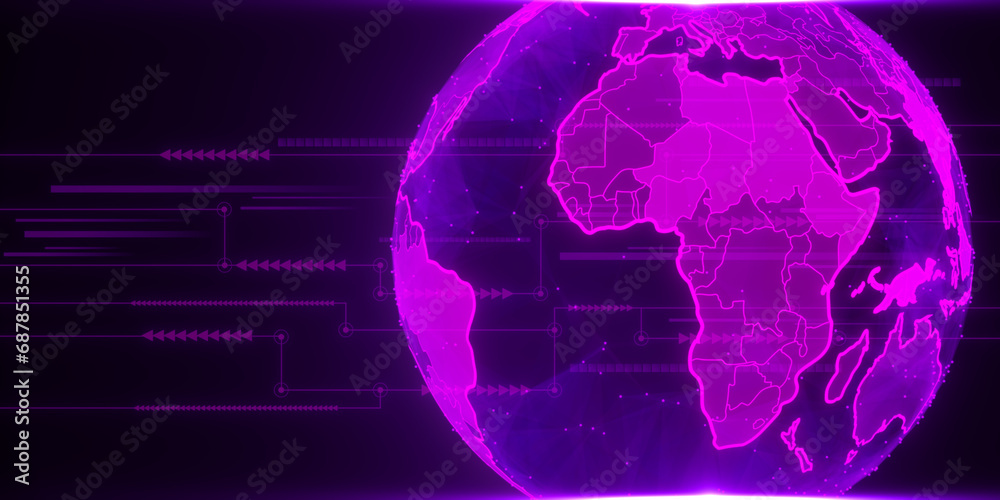 Poster bright purple globe hologram and lines on blurry dark background. metaverse, digital world and netwo