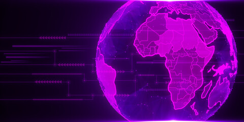 Fototapeta premium Bright purple globe hologram and lines on blurry dark background. Metaverse, digital world and network concept. 3D Rendering.