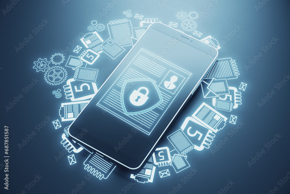 Poster close up of mobile phone with creative digital security padlock sketch on concrete wall background. 