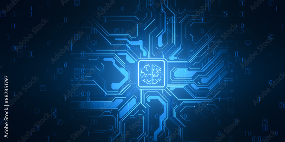 Poster abstract brain and binary code circuit on blue wallpaper. chip, data, ai, and future concept. 3d ren