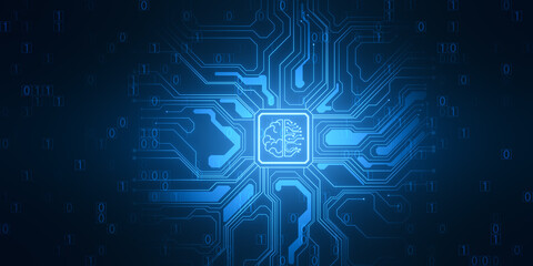 Naklejka premium Abstract brain and binary code circuit on blue wallpaper. Chip, data, ai, and future concept. 3D Rendering.
