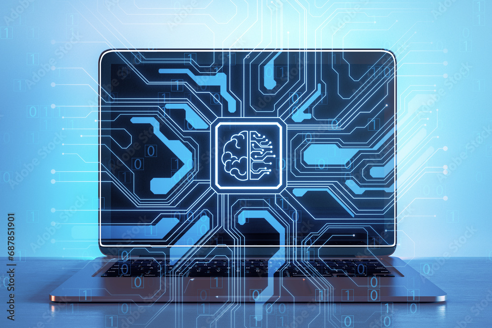 Poster Close up of laptop with abstract brain and binary code circuit on blurry background. Chip, data, ai, and future concept. 3D Rendering.