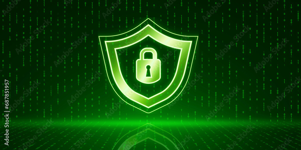 Aufkleber Creative digital security padlock and shield hologram on blurry green binary code background. Secure, safety and identification concept. 3D Rendering.