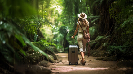 Woman with suitcase on jungle trail towards a serene waterbody. Adventure and serenity concept. Generative AI