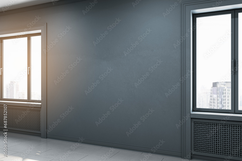 Aufkleber contemporary gallery interior with empty mock up place on wall, concrete flooring and windows. 3d re