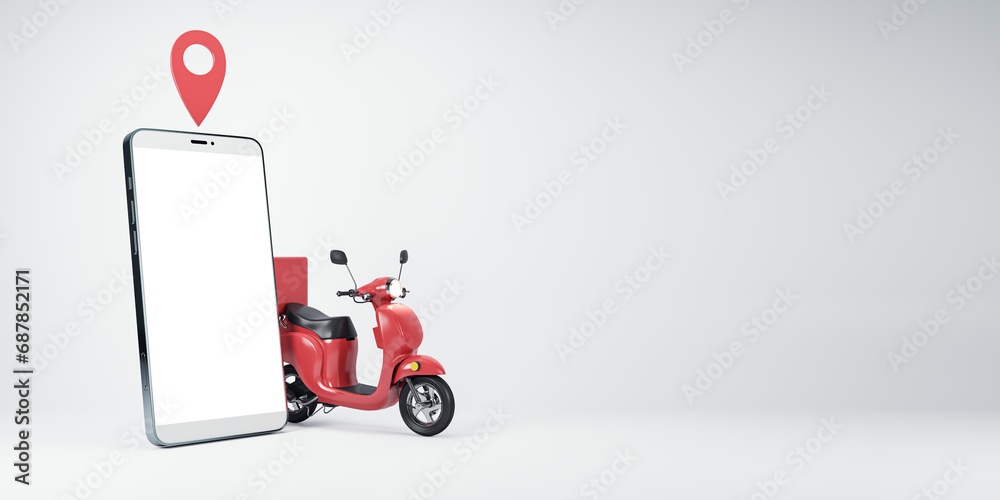 Poster Smartphone with a blank screen and location marker, paired with a red scooter for delivery service concept. 3D Rendering