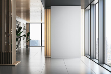 Obraz premium Modern office interior with bookshelf, window with city view, daylight and blank mock up place on wall. 3D Rendering.