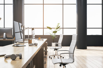 Modern wooden coworking office interior with panoramic windows and city view, furniture, equipment and computer monitors. 3D Rendering.