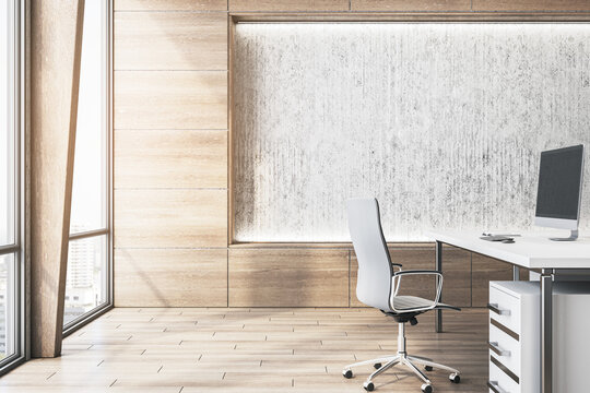 Clean concrete and wooden office interior with decorative wall, furniture, panoramic windows, city view and daylight. 3D Rendering.