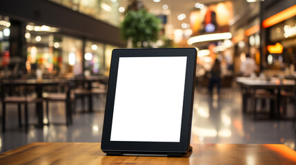 Tablet-style menu template board on restaurant table with festive lights. Food service technology concept. Generative AI - obrazy, fototapety, plakaty