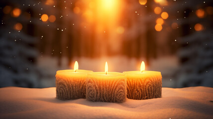 christmas candle and decorations outside in a winter landscape